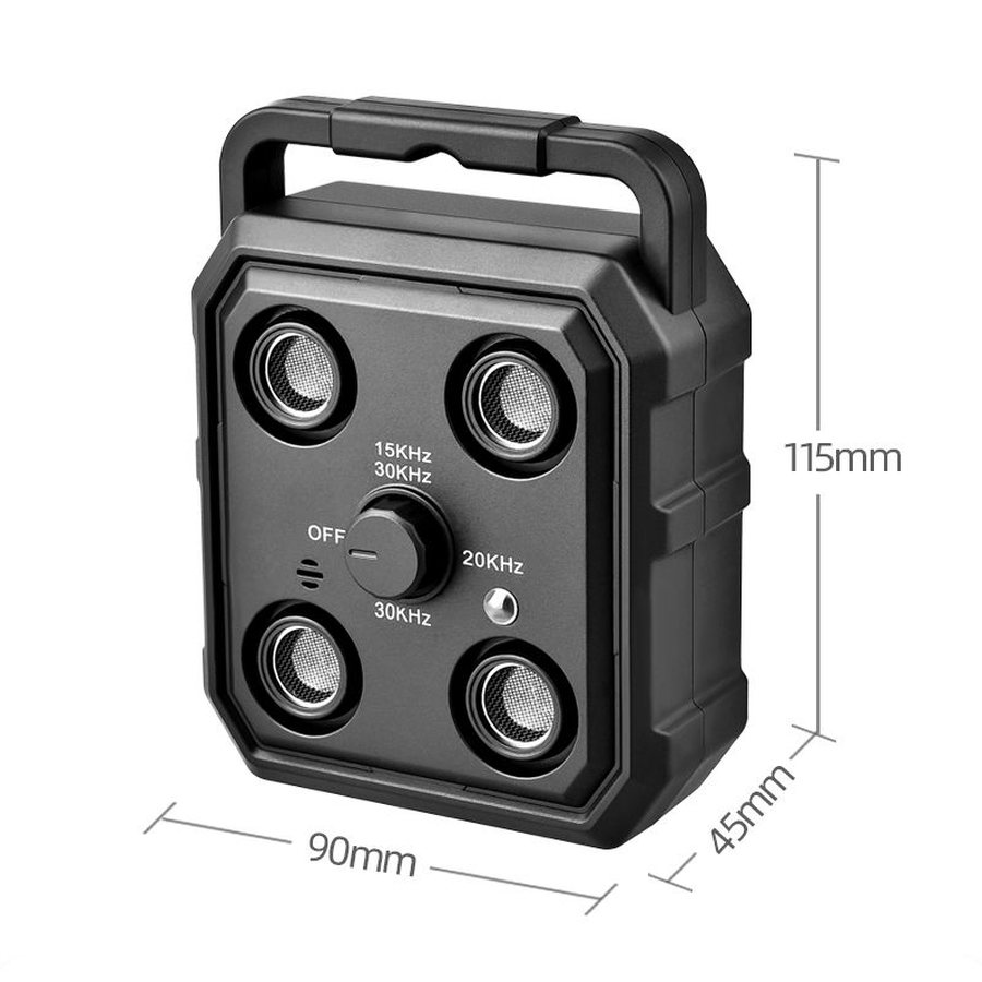 Black ultrasonic bark control unit with a handle, 115 by 90 by 45 mm