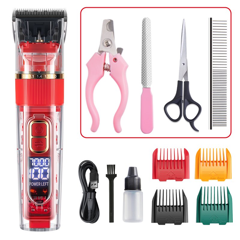 Red cordless dog clipper with guide combs, scissors, comb and nail tools