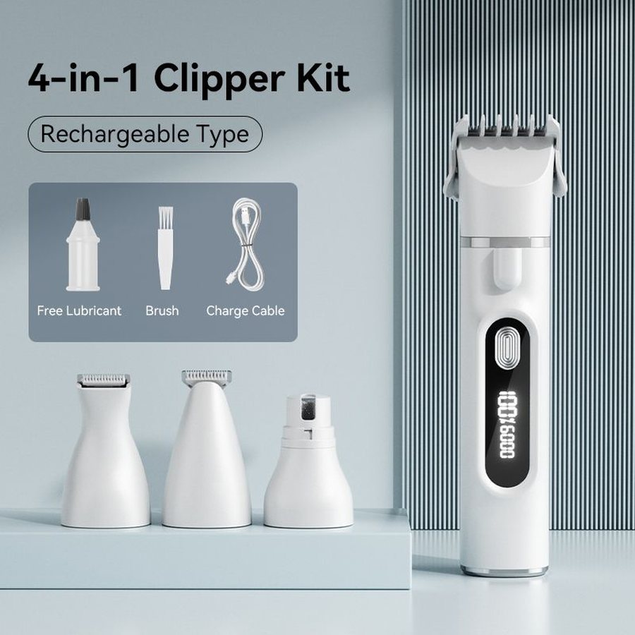 4-in-1 pet clipper kit with handle, three heads, oil, brush and cable