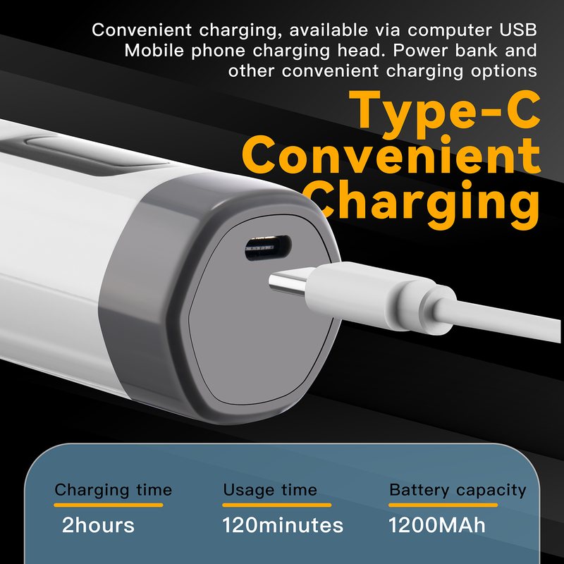 USB-C charging port with specs: 2 hours to charge, 120 minutes use, 1200 mAh