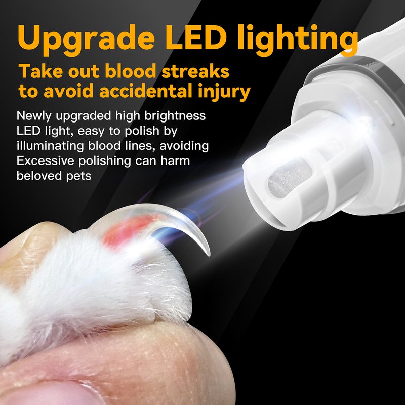 LED light on the grinder shining on a cat claw to show the quick