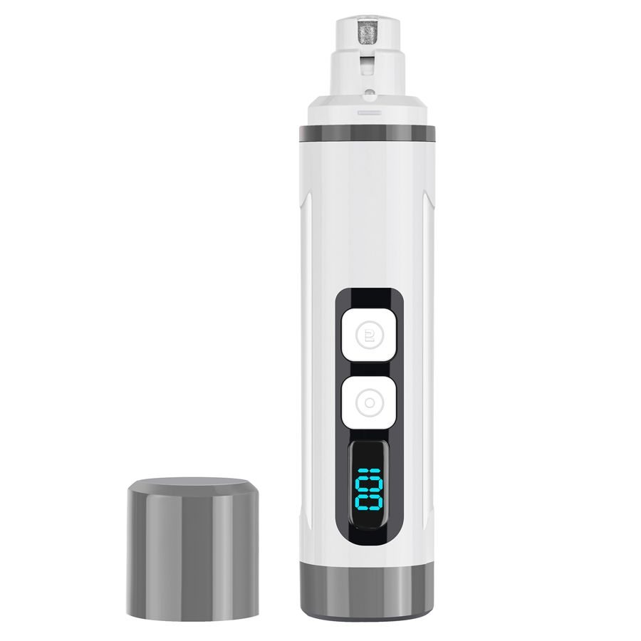 White and grey LED pet nail grinder with its cap
