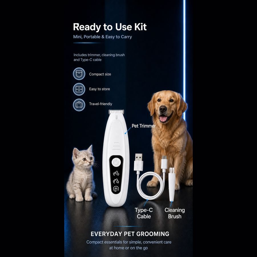 Paw trimmer kit with USB-C cable and cleaning brush