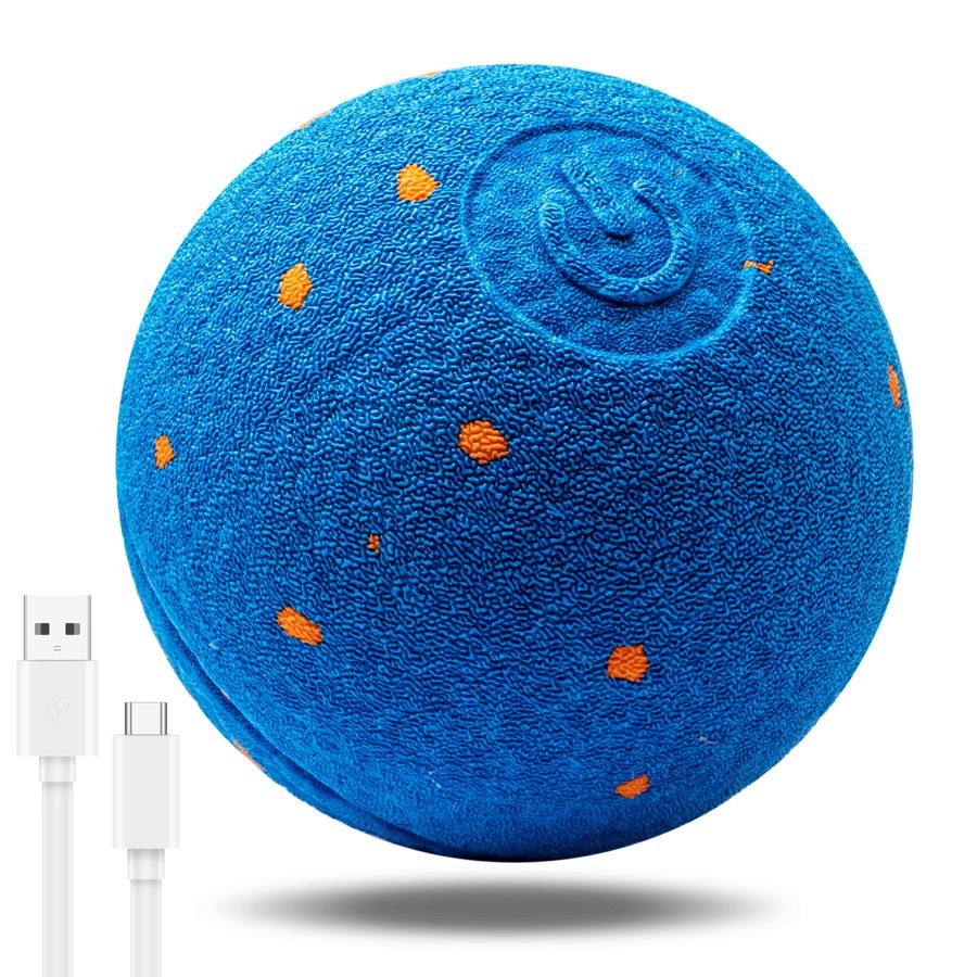 Blue self-moving ETPU dog ball with USB charging cable