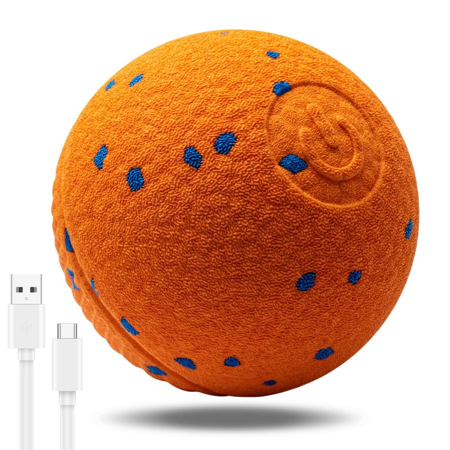 Orange self-moving ETPU dog ball with USB cable