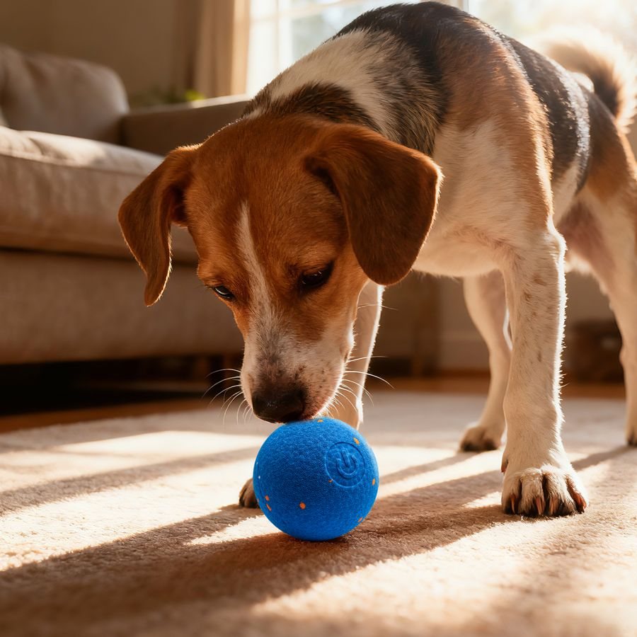 Beagle sniffing a blue rolling ball on a living room rug