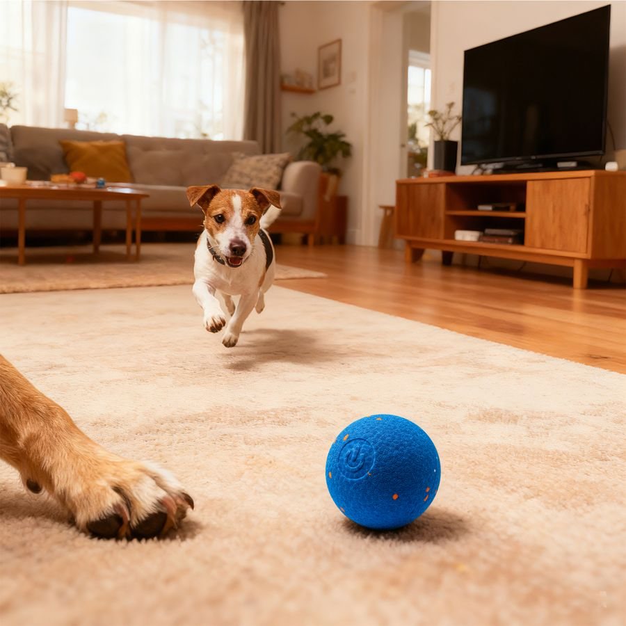Small dog running after a blue self-moving ball