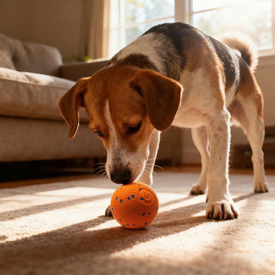 Beagle nosing an orange rolling ball