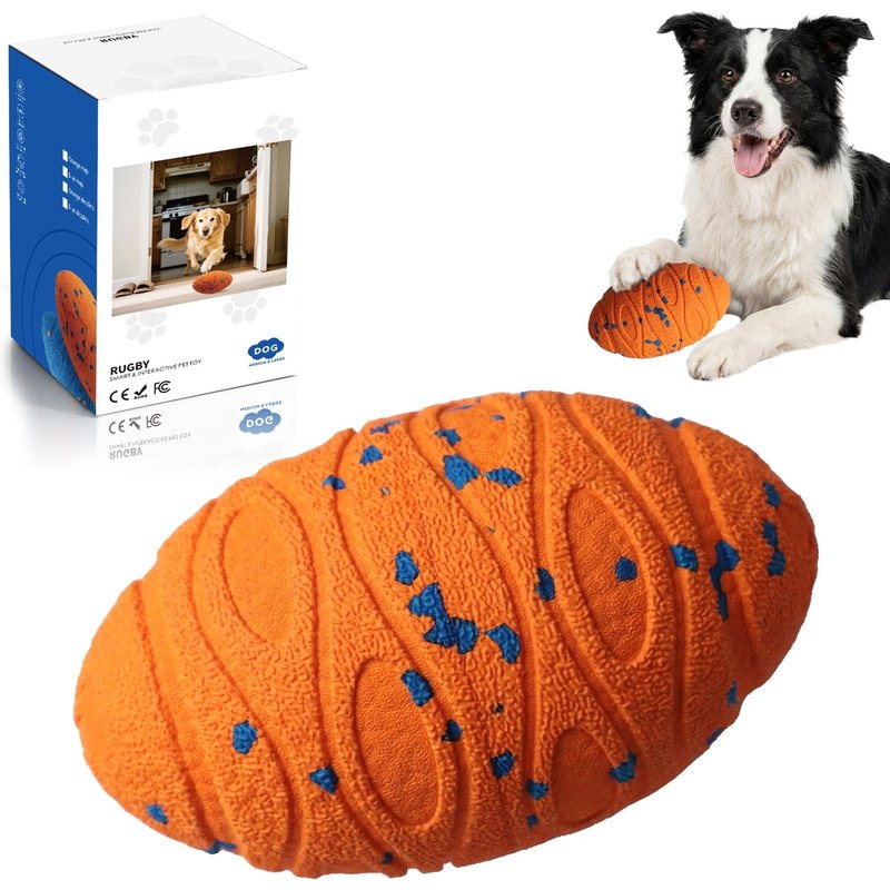 Orange rugby-shaped dog ball