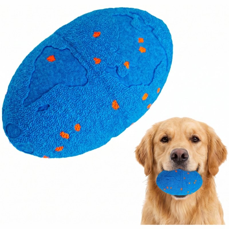 Golden retriever with a blue self-moving rugby ball