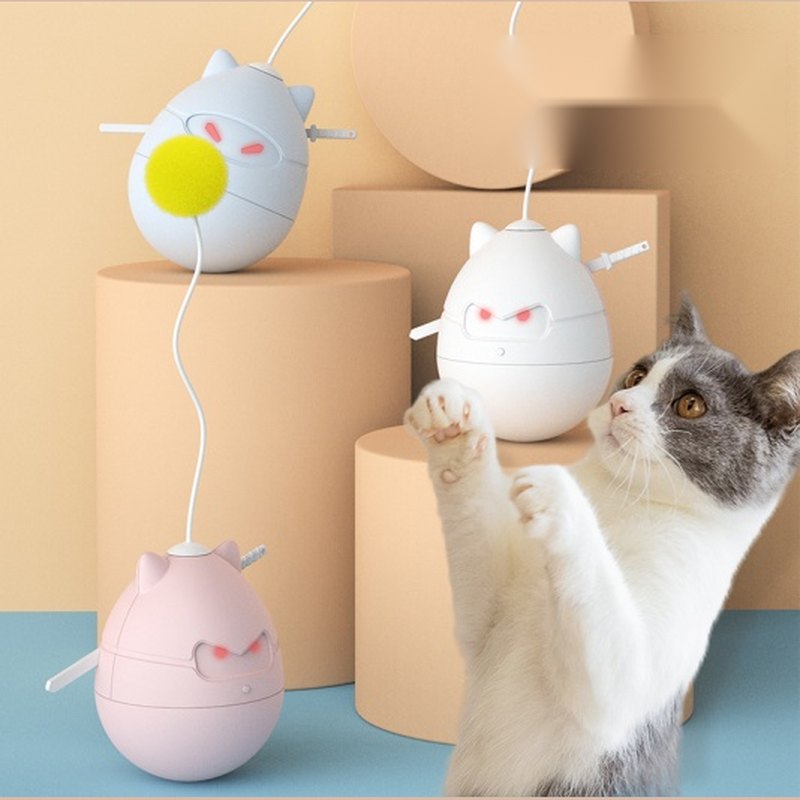 Tumbler cat toy with a pom-pom on a spring and a cat batting it